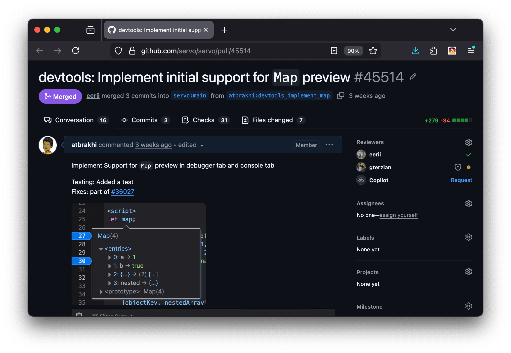 Servo DevTools Pull Request to Add Support for Map